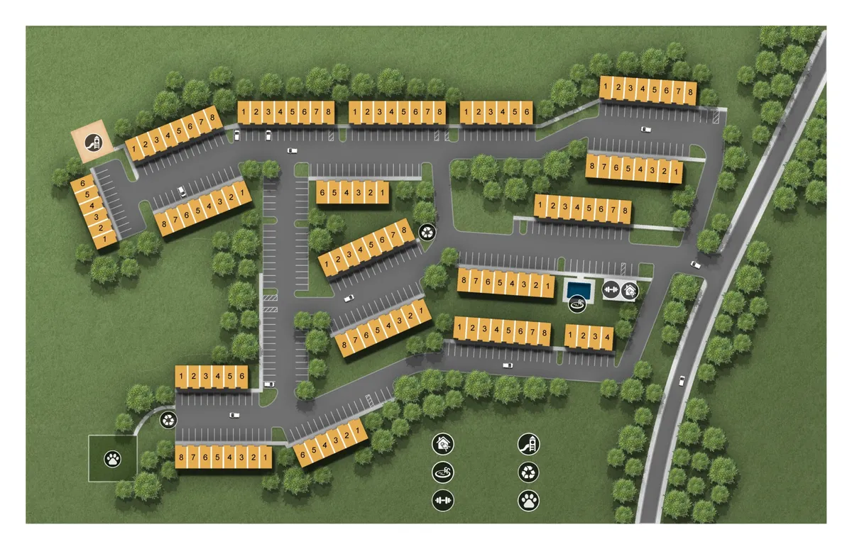 A wide-angle view of the apartment community's exterior, showing rows of buildings, green spaces, and a central parking area. The environment feels open, friendly, and accessible, with space for pets and community gatherings.